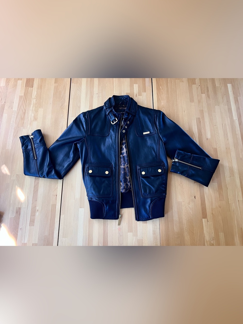 Sean John Black Lambskin Leather Jacket with Gold Hardware, Small